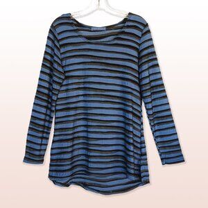 Cut Loose Blue Black Textured Stripe Tunic Top Rayon Blend Long Sleeves Size S